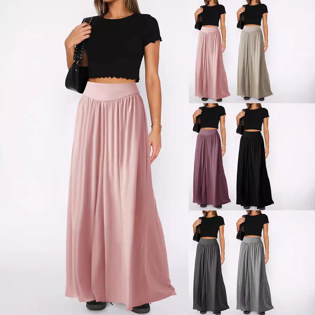 

Solid Color High Waist Casual Loose Wide Leg Long Pants S розовый