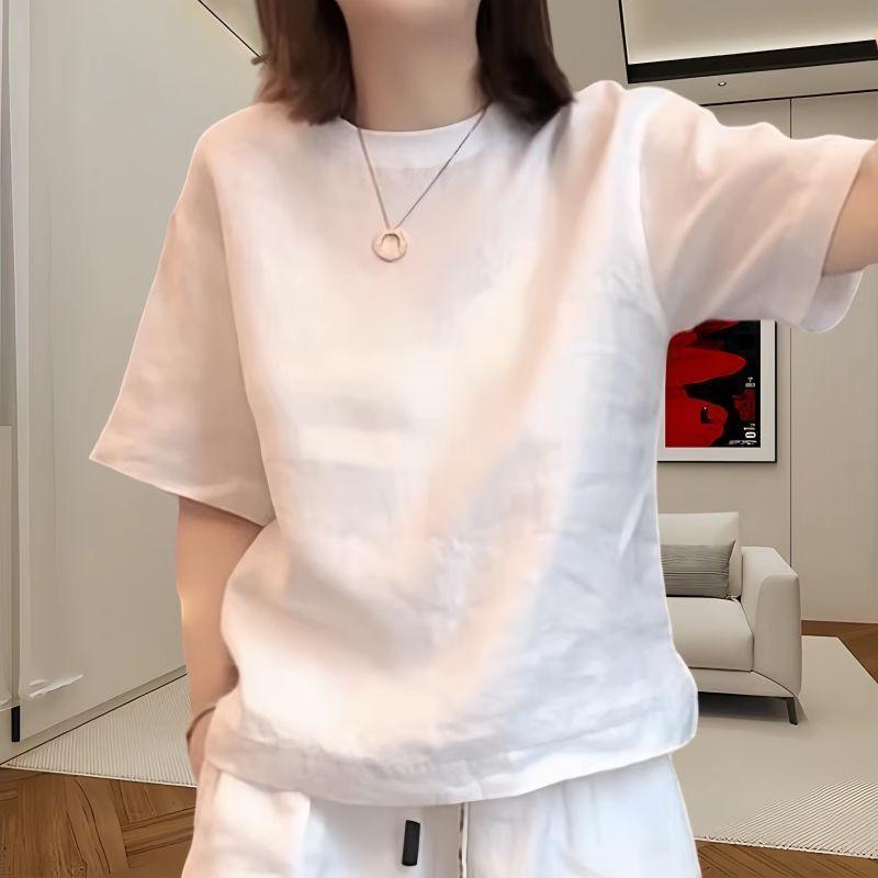 

Летняя футболка больших размеров 2025 года, европейская, с коротким рукавом, свободного кроя, однотонная, для женщин - Модный, стройнящий, универсальный топ L белый
