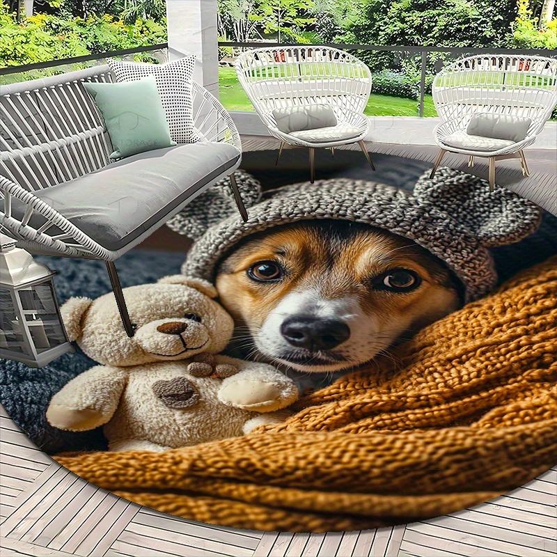 

Dog and Teddy Bear Round Area Rug - 2D Printed Non-Slip Floor Mat for Cozy Living Room & Bedroom Decoration, 1PC 80cm