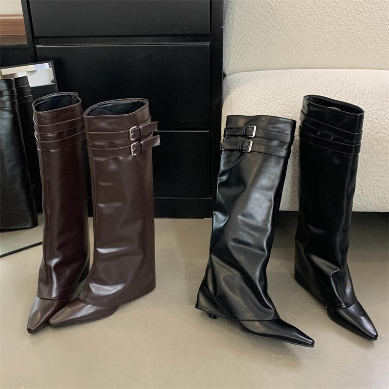 Fashion Eilyken Street Style Fashion Pointed Toe Buckle Strap Women Knee High Boots Thin Low Heels Party Winter Long Boots Ladies Shoes