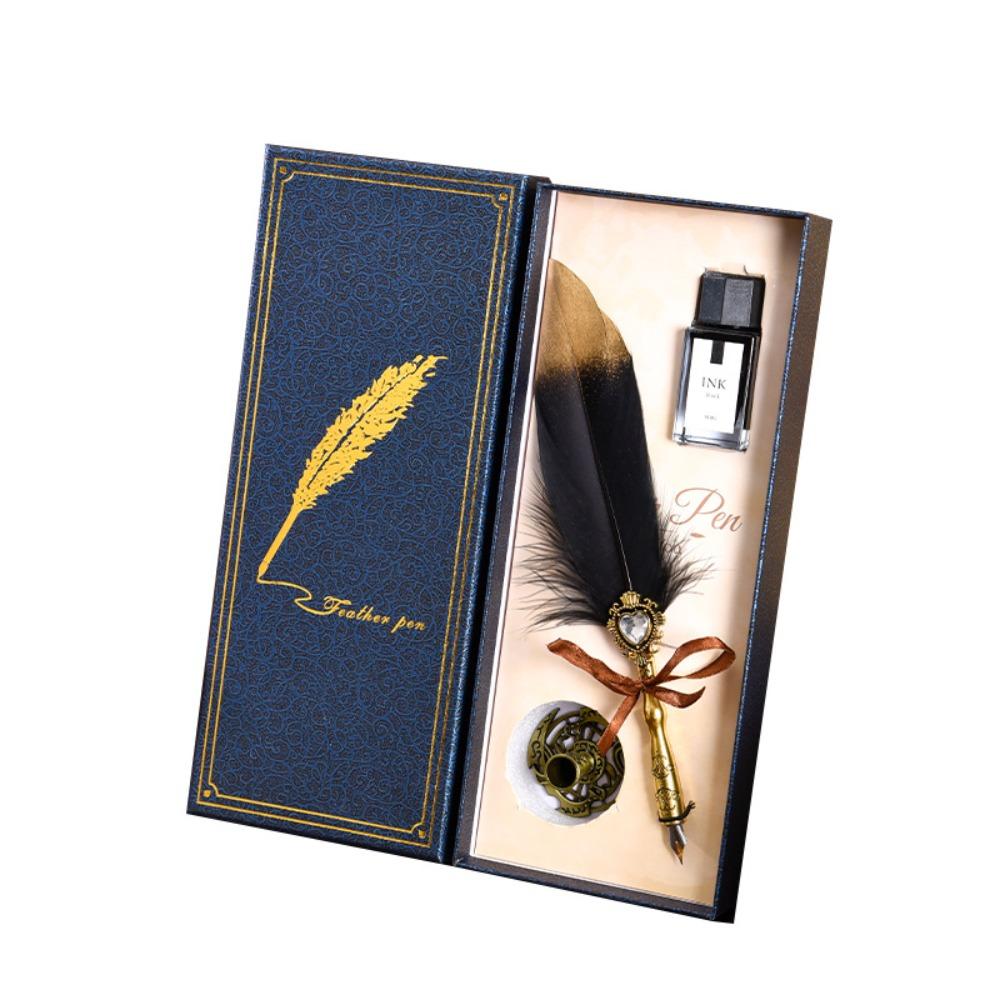 Blue Box Platinum Gemstone Feather Pen Set, Gift, Gift Box, Office Signature Writing, Retro European Style