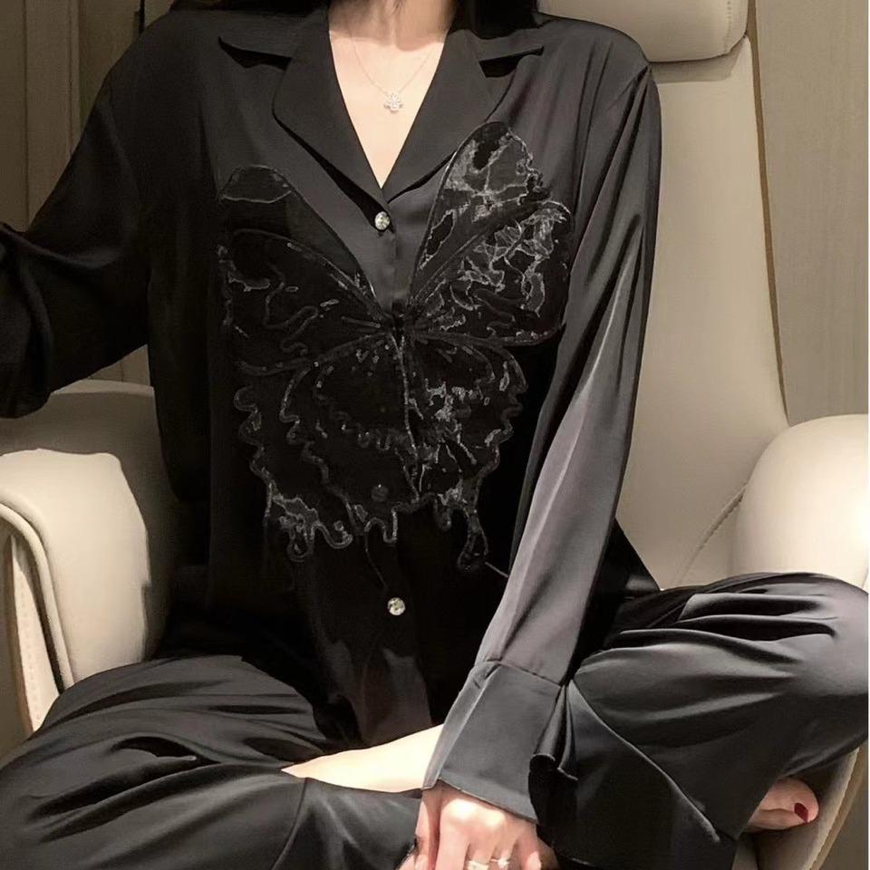 Sexy pajamas women's ice silk butterfly long-sleeved trousers, new models can be worn outside, solid color silk loungewear