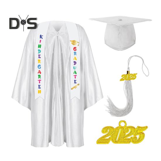 

Детская выпускная форма для детского сада с кисточкой, шапочкой и шалью, V-образным вырезом, длиной до колена, длинными рукавами, застежкой-молнией, детский халат для выпускного класса начальной школы 24 белый