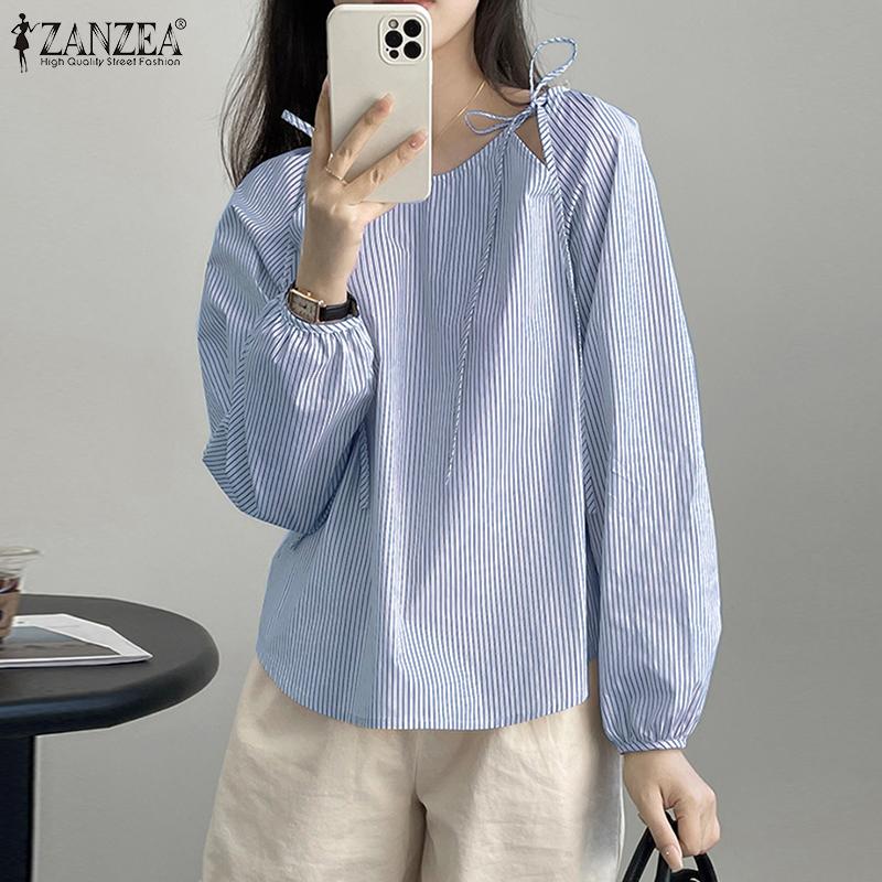 

ZANZEA Женская повседневная летняя блузка в полоску с длинным рукавом и круглым вырезом на шнуровке