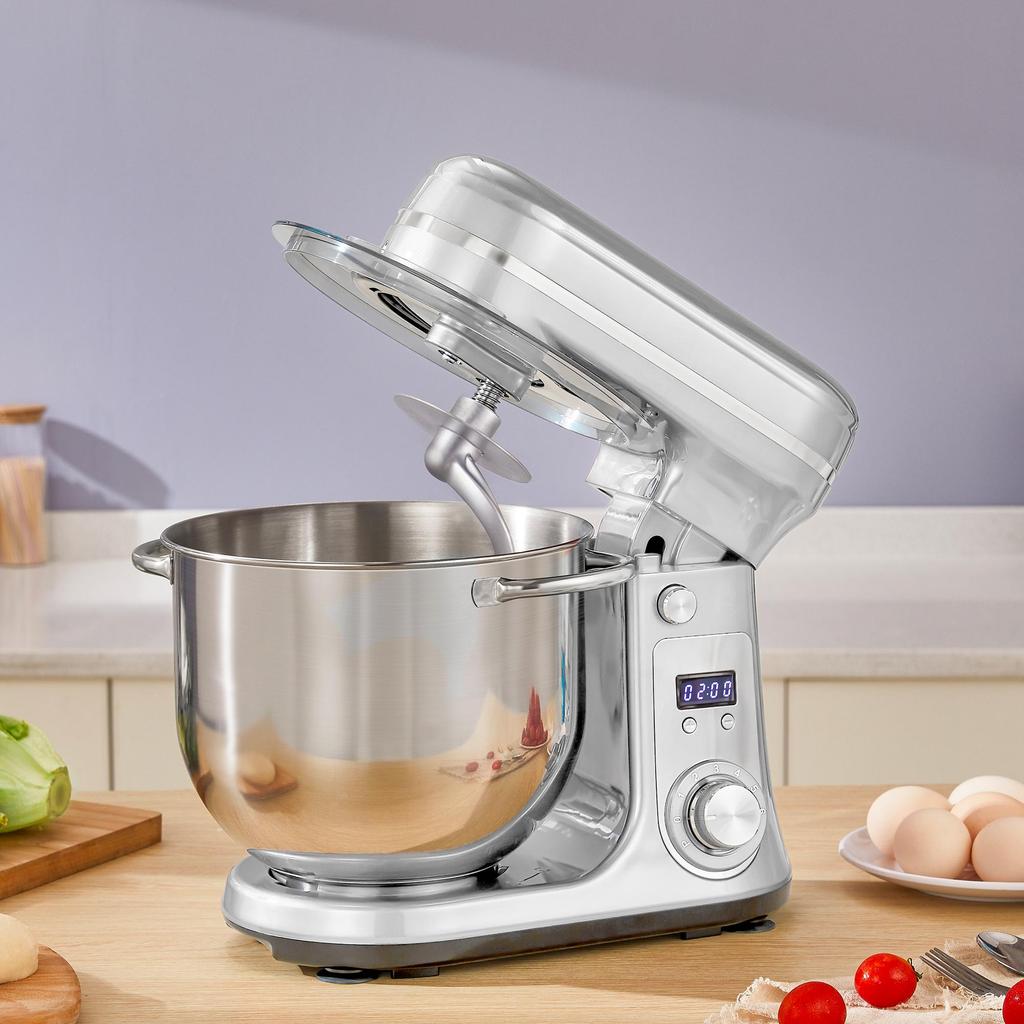 Biolomix Stand Mixer, 1200W DC Quiet Motor 6L Stainless Steel Bowl, 6+Pulse Speeds Electric Kitchen Mixer with LCD Timer, Dough Hook, Beater, Whisk