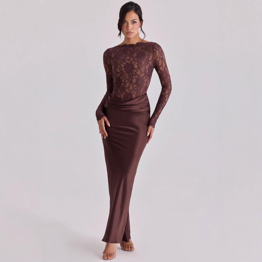 European and American style sexy lace perspective splicing pleated long dress pendant waist hip wrap satin fishtail skirt