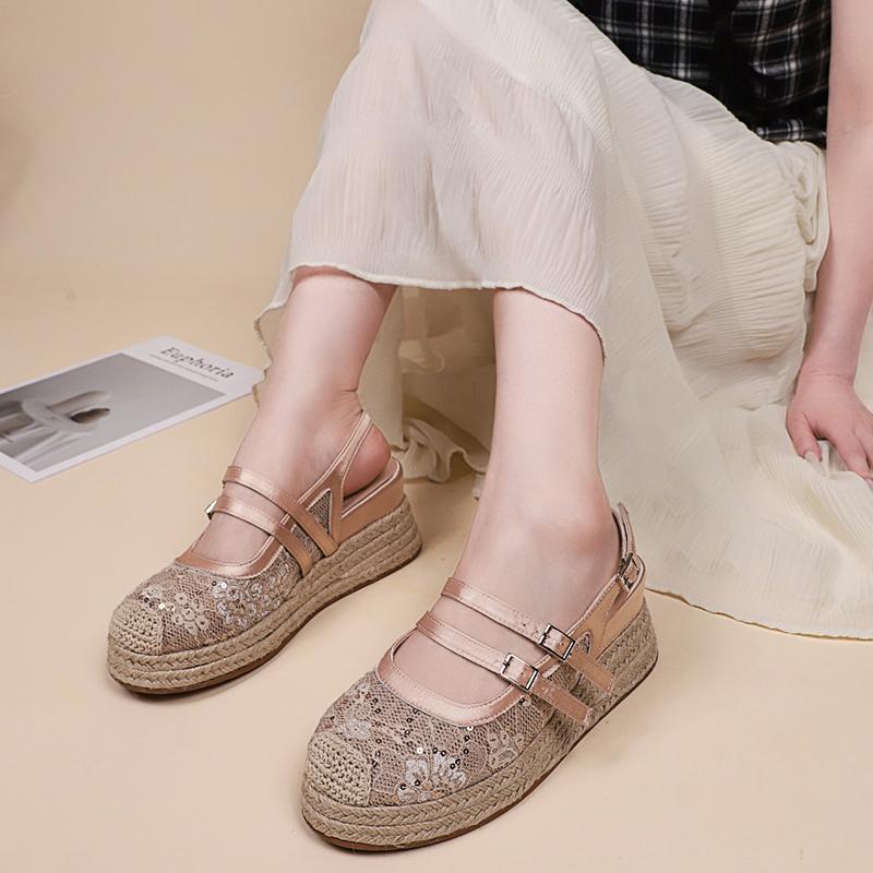 Fashion 2025 Shoes Female Closed Toe Women's Sandals Fashion Sequins Casual Summer New Belt Buckle Shallow Best Seller Wedge Sandals