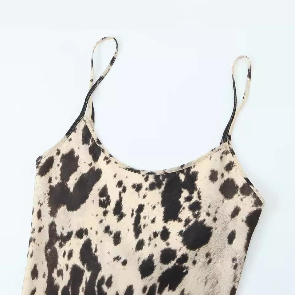 Spring New Women's Clothing European and American Animal Print Sleeveless Suspender Medium and Long Silk Satin Texture Dress