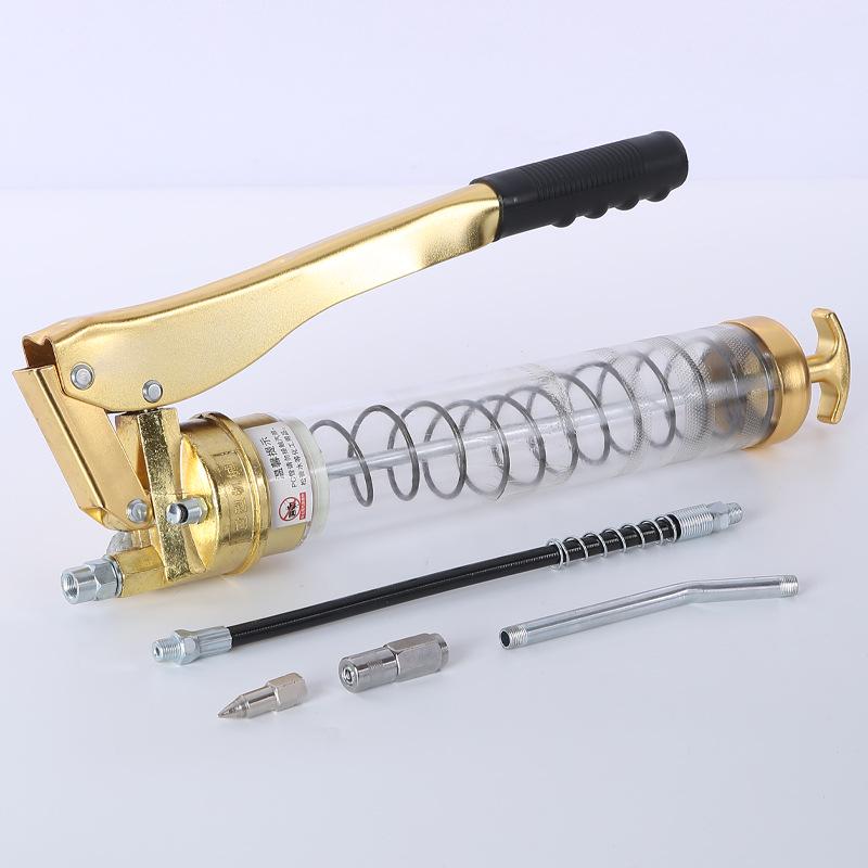 Quanker Heavy-Duty 600CC Transparent Grease Gun for Excavators, Manual High-Pressure Dual Rod Design.