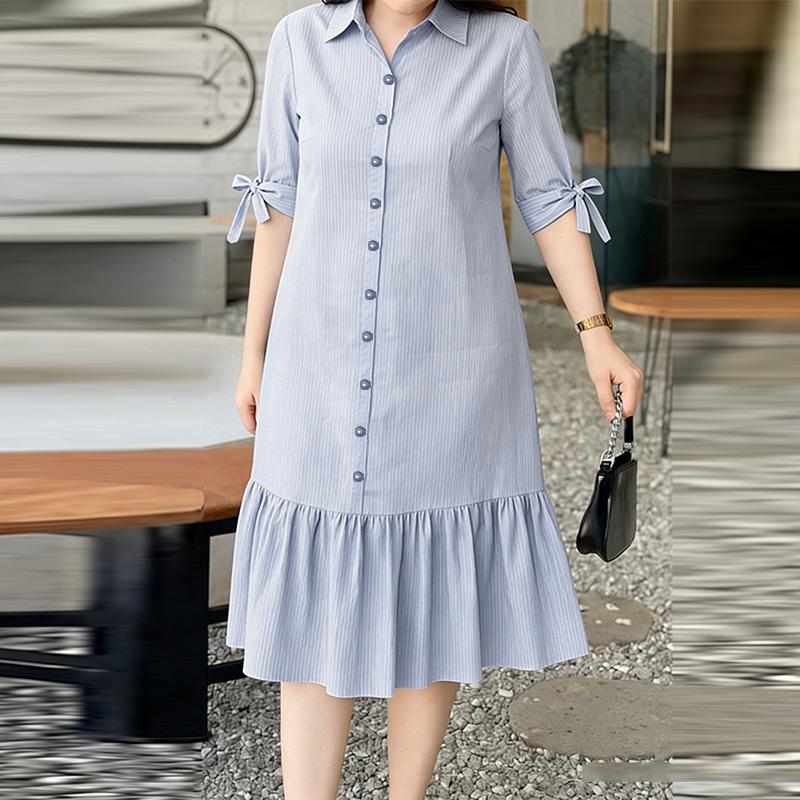 ZANZEA Women Casual Turn Down Collar Half Sleeve Stripe Dress S синий