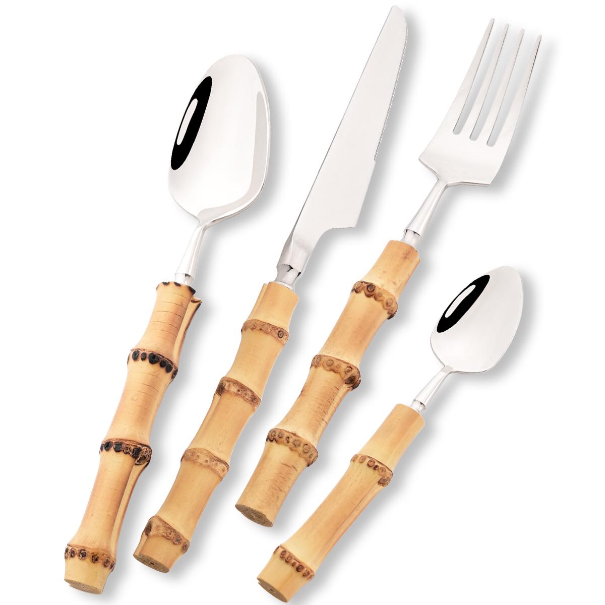 

4pcs Bamboo Handle Dinnerware Set Knife Fork Coffee Spoon Cutlery Set Mirror Stainless Steel Flatware Western Kitchen Tableware