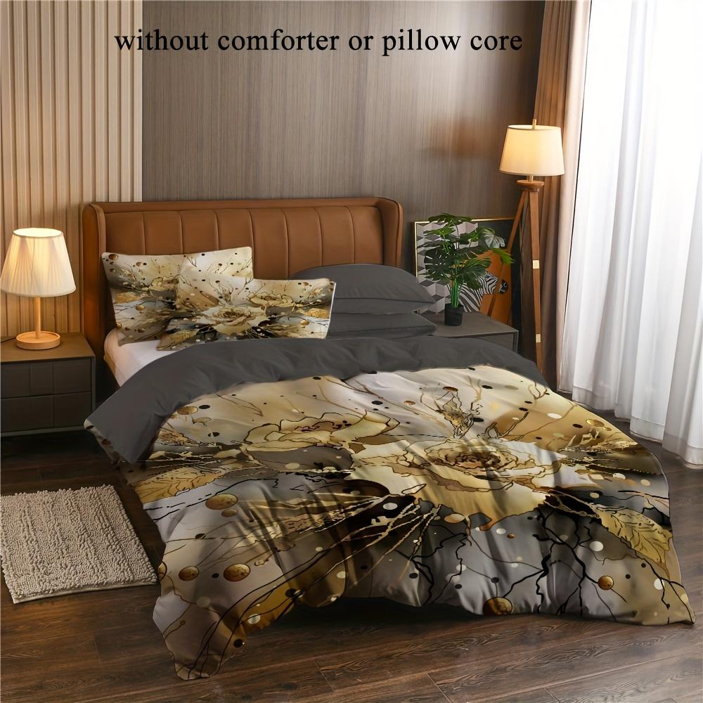 2/3Pcs Duvet Cover Set (1 Duvet Cover + 1/2 Pillowcase Without Core) Simple And Elegant Dreamy Yellow And Gray Floral Prints
