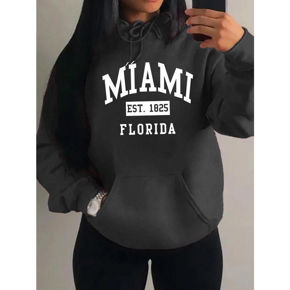 Miami Est 1825 City Art Letter Prints Women Hoodie Pocket Streetwear Harajuku Loose Hoody Fleece Female Clothing