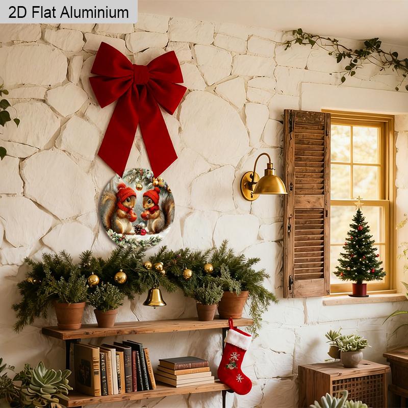 2D Flat Warm Winter Aluminium Christmas Sign with Adorable Squirrel Pattern - Navidad Figurine Ornaments - Ideal for Front Door, Wall, Porch, Fence
