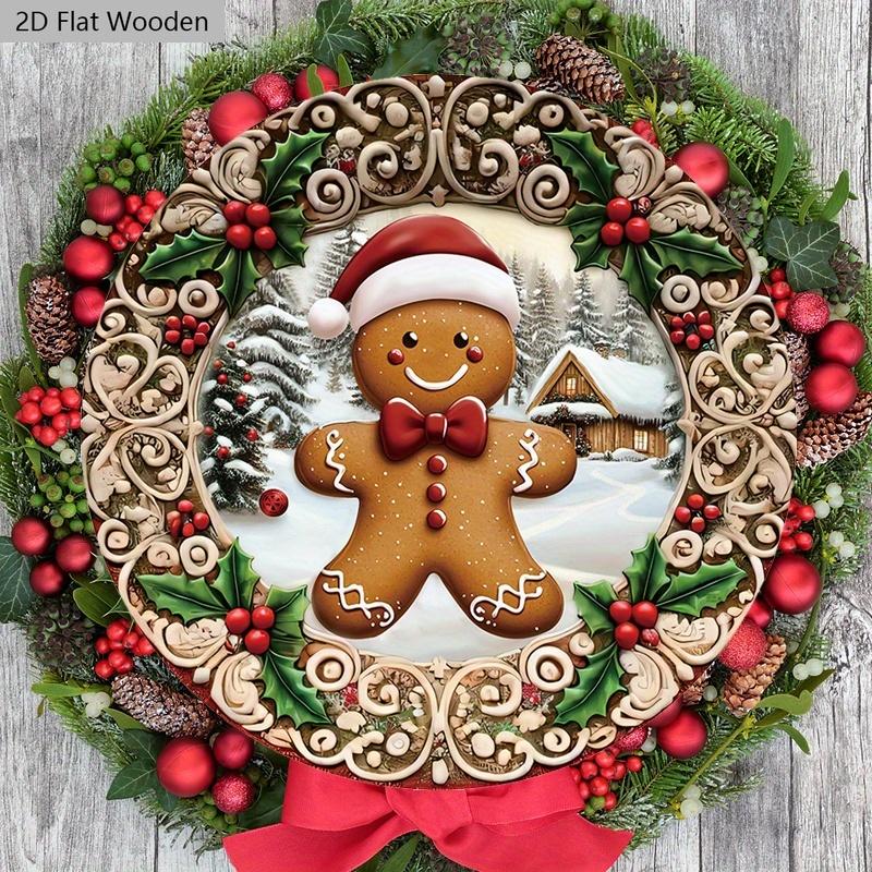 Wooden Christmas Sign with Gingerbread Man Pattern - Navidad Round Sign for Front Door, Wall Hanging Decor - Ideal Christmas Decoration