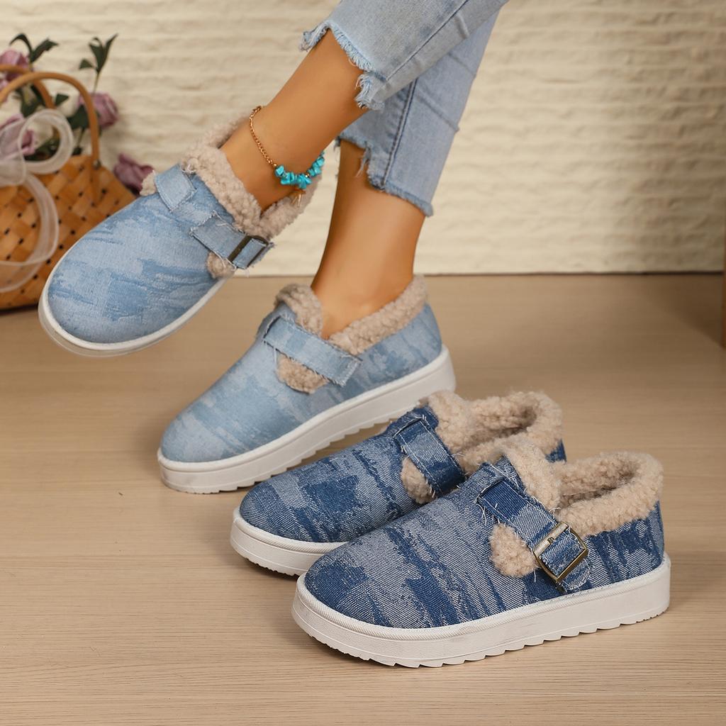 Fashion Women Snow Boots Metal Buckle Strap Platform Shoes Winter Warm Comfortable Slip On Women Shoes Round Toe Denim Ankle Booties