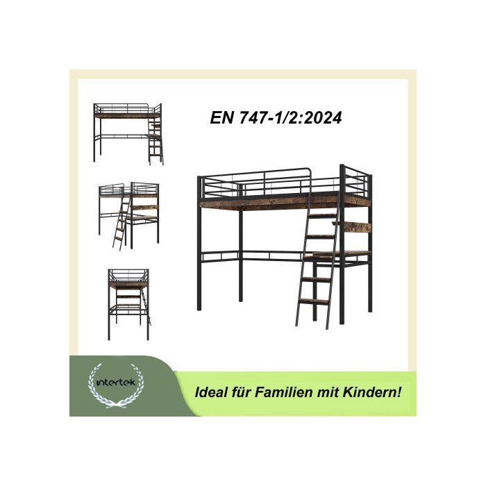 Lit mezzanine - MUVOE - 90x200cm - Noir - Bureau intégré - Étagères de rangement