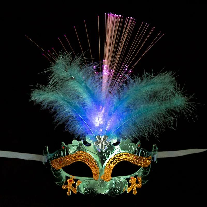 Venetian Venice Glowing Feather LED Masks Woman Fancy Dance Party Eye Mask Carnival Halloween Masquerade Cosplay Costume