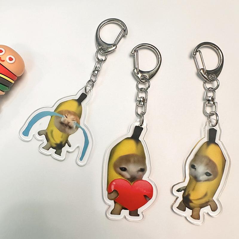 Banana Happy Cat Keychain Acrylic Funny Meme Keyring Backpack Hanging Pendant Mobile Phone Bag Charms Cute Keychain Accessories