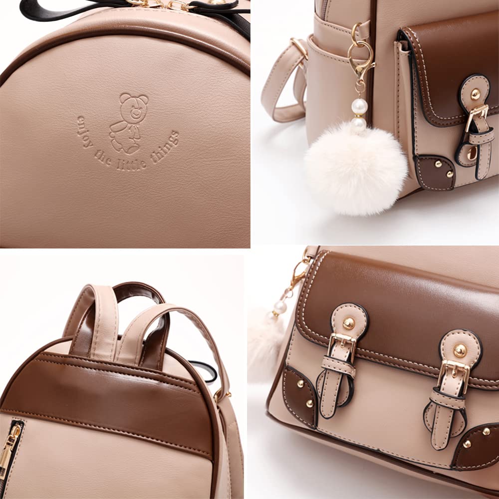 Manukori Women's Small Backpack, Cute and Water-Repellent Leather Backpack for Girls (Khaki)