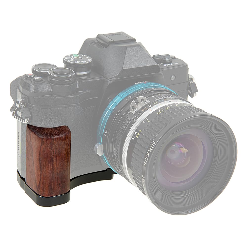 Deluxe Metal Camera Hand Grip with Wood Accents and Access for Olympus Mark IV MILC MFT Camera OM-D E-M10