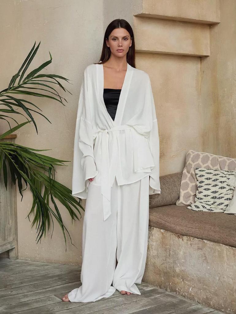 Elegant Tie-Up Cardigan & Long Pants Set - Solid Color, Long Sleeve, European & American Style Women's Home Wear