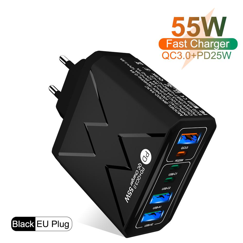 PD 25W 6-Port Fast Charger: 3 USB, 3 PD 55W with QC3.0 – EU, UK, AU Plugs