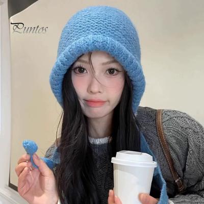 Ladies Hat Auutmn Winter Beanie Warm Japanese Knit Hat Pile Cap Windproof Thick Ear Protection Tie Pullover Gorro Bonnet