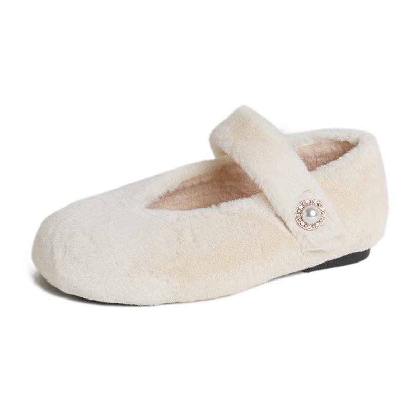 2025 Winter Girls' Furry Shoes: V-Neck Cotton Clogs with Fleece Lining, Soft Sole Moccasins, Warm Korean Style for Outdoor Wear