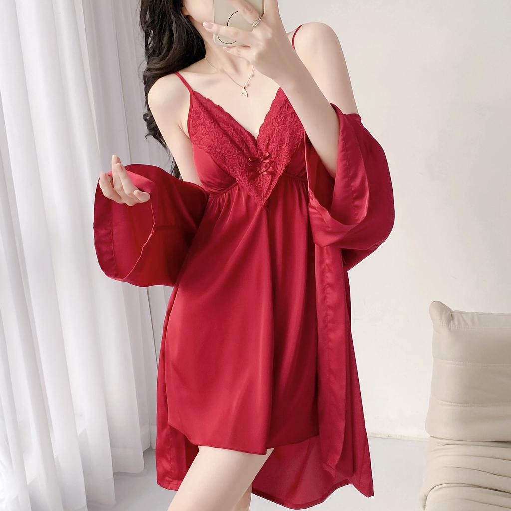 Sexy pajamas women's spring and summer new 1011 ice silk pure desire suspender nightgown set imitation silk French pajamas