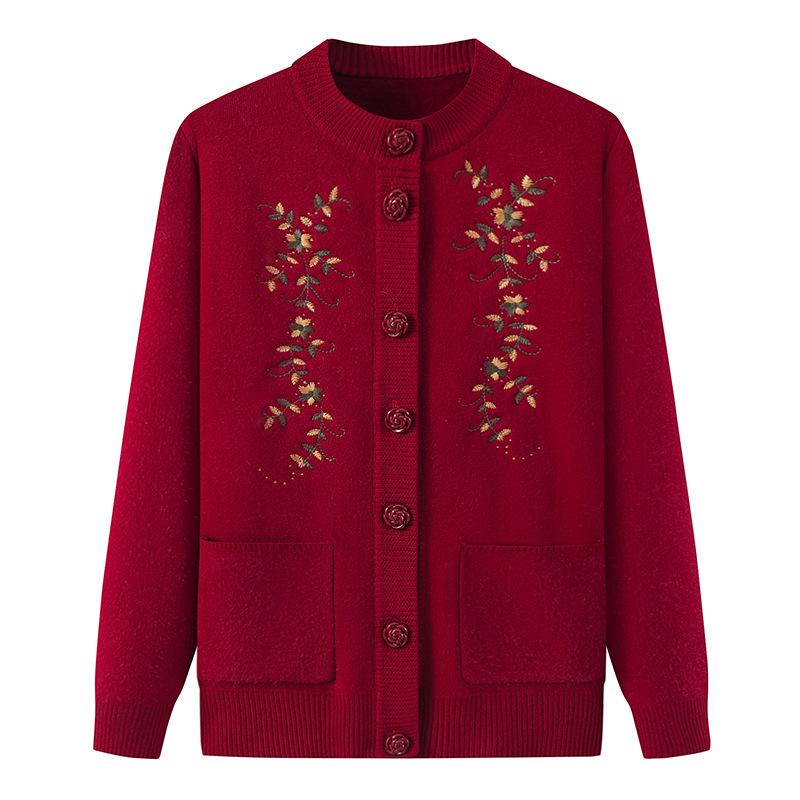 Dámský plusový sametový zesílený kardigan - Jarní a podzimní pletený svetr pro středního věku a starší