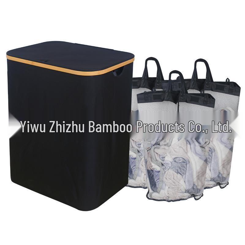 Large-Capacity Bamboo Laundry Hamper with Classification Labels and Lid
