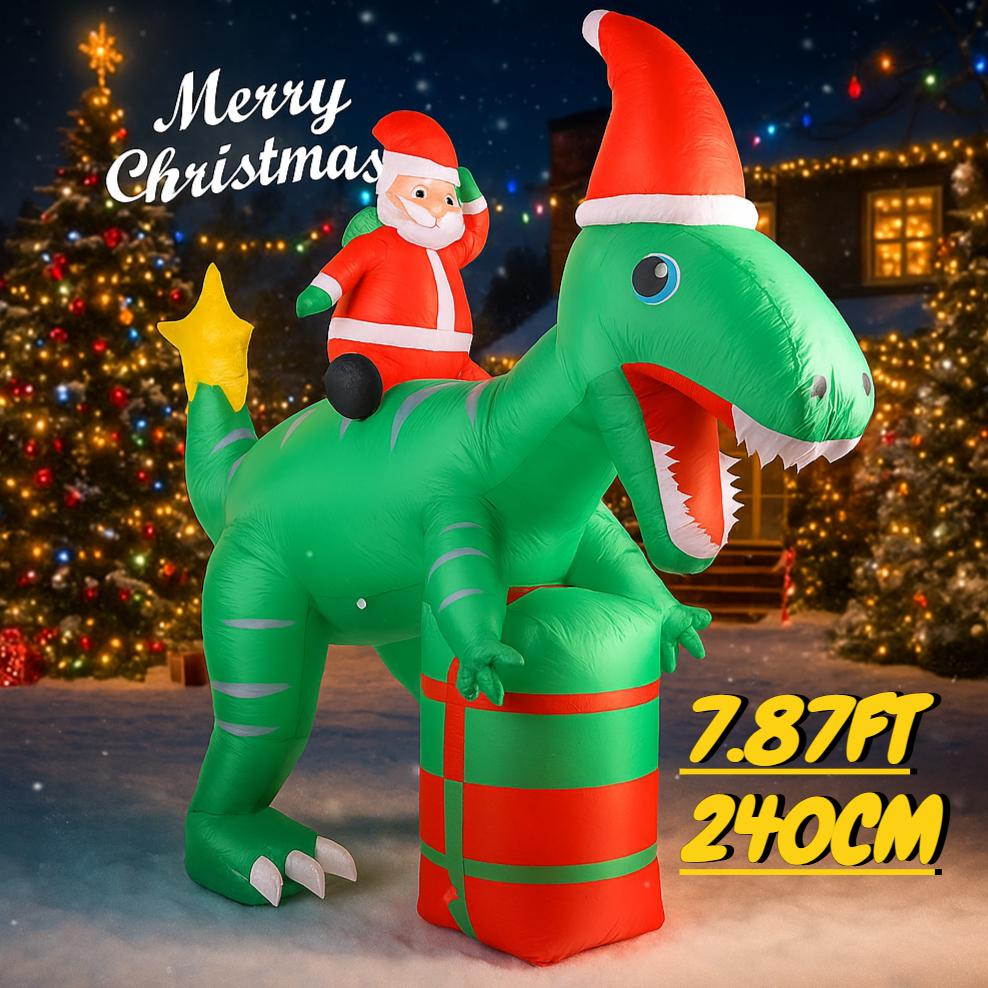 7.87FT Inflatable Toy Dinosaur Santa Decoration with LED Light Xmas Yard Lawn Party Decor Christmas Home Supplies Ornaments Gift