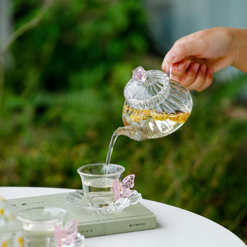 Heat Glass Flower Tea Pot Hand Blown Teapot with Infuser Large Capacity Kettle for Brewing Rose Herbal Loose Leaf Tea