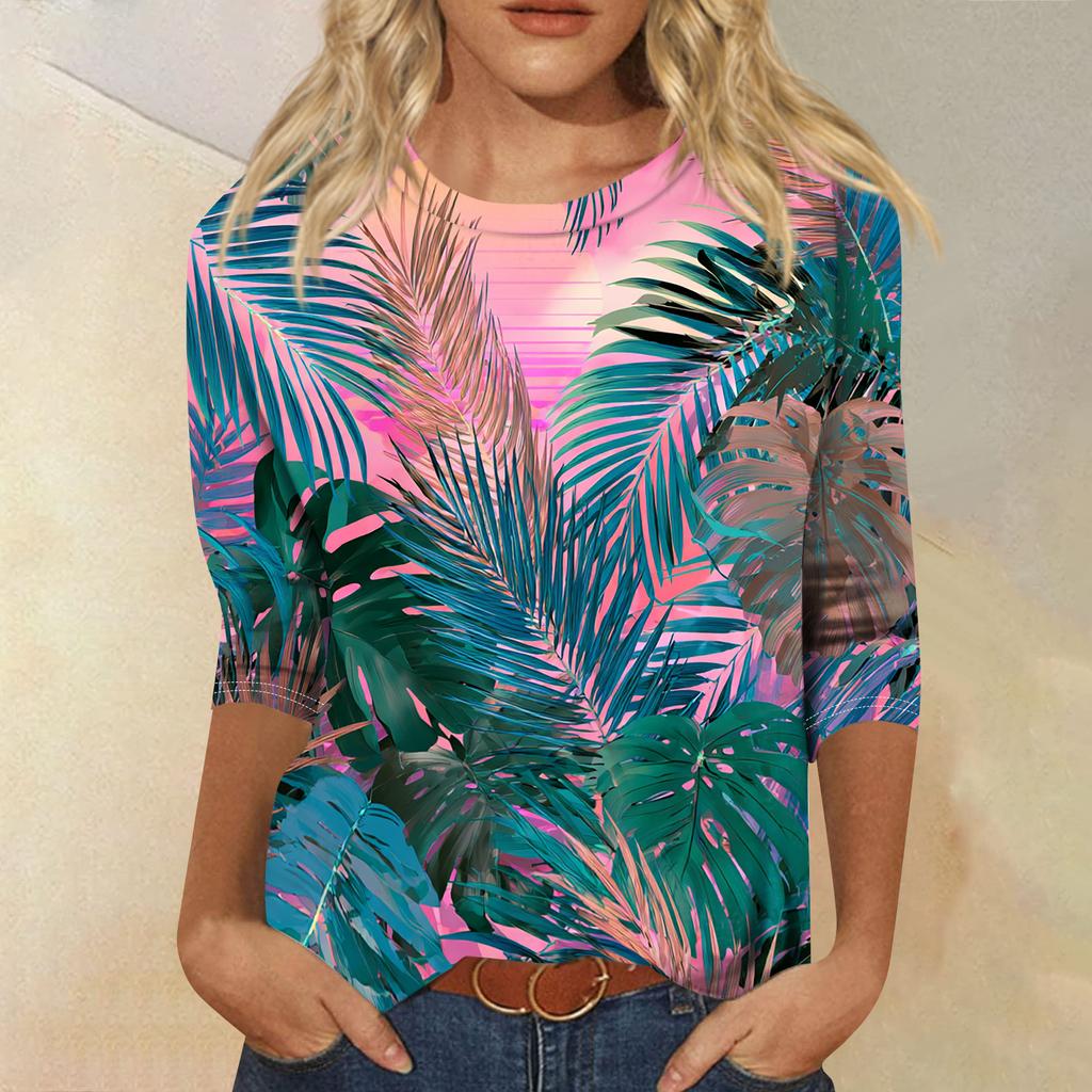 Women's Fashionable Casual Round Neck Three-quarter Sleeve Hawaiian Print T-shirt Top