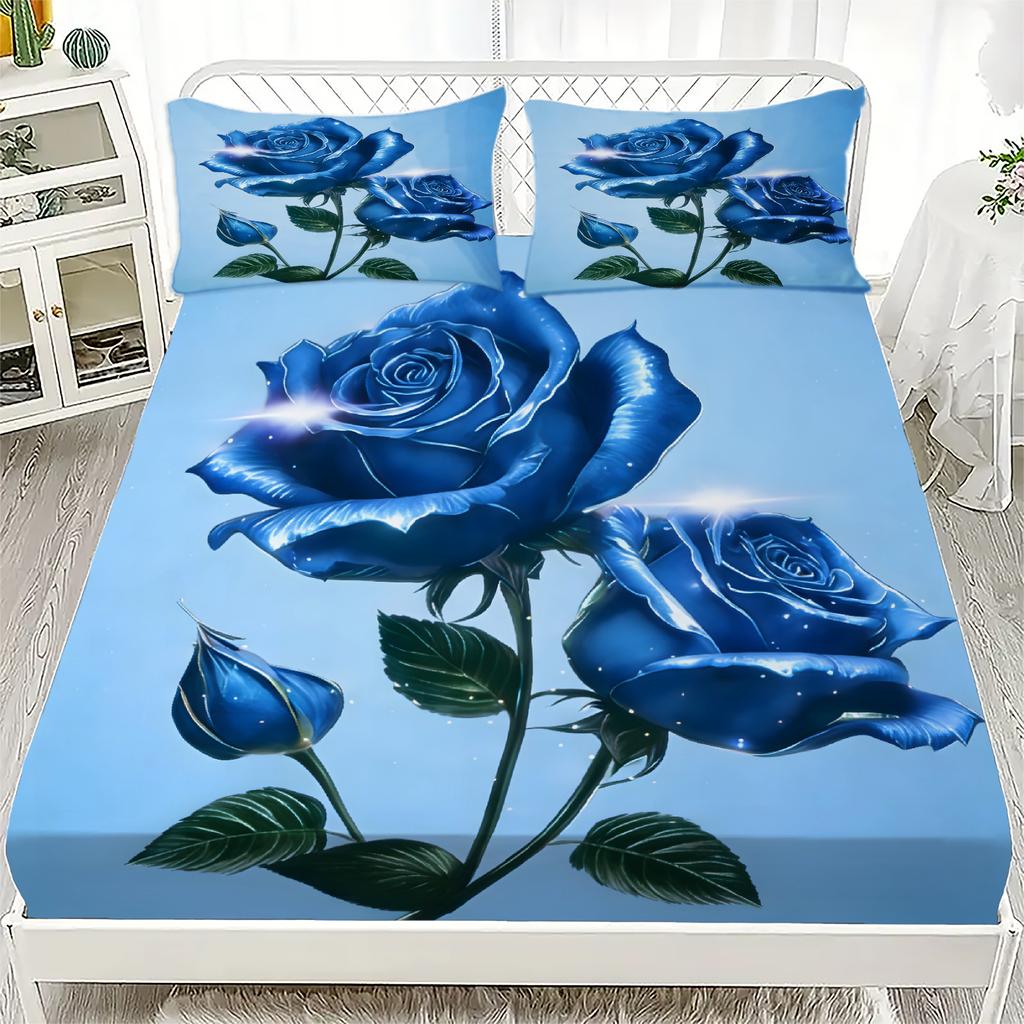 1PC Soft Fitted Sheet, 3D Romantic Floral Roses Print, 100% Polyester Washable Bed Sheet for Girls Adults, Queen Size Room Decor