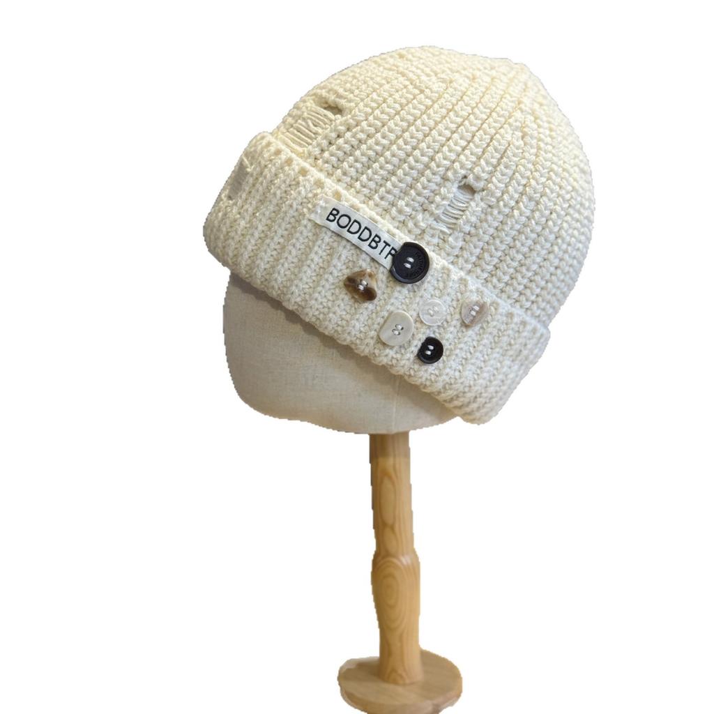 Distressed Knitted Woolen Hat with Holes for Women Autumn and Winter Retro Baotou Cold Hat for Men