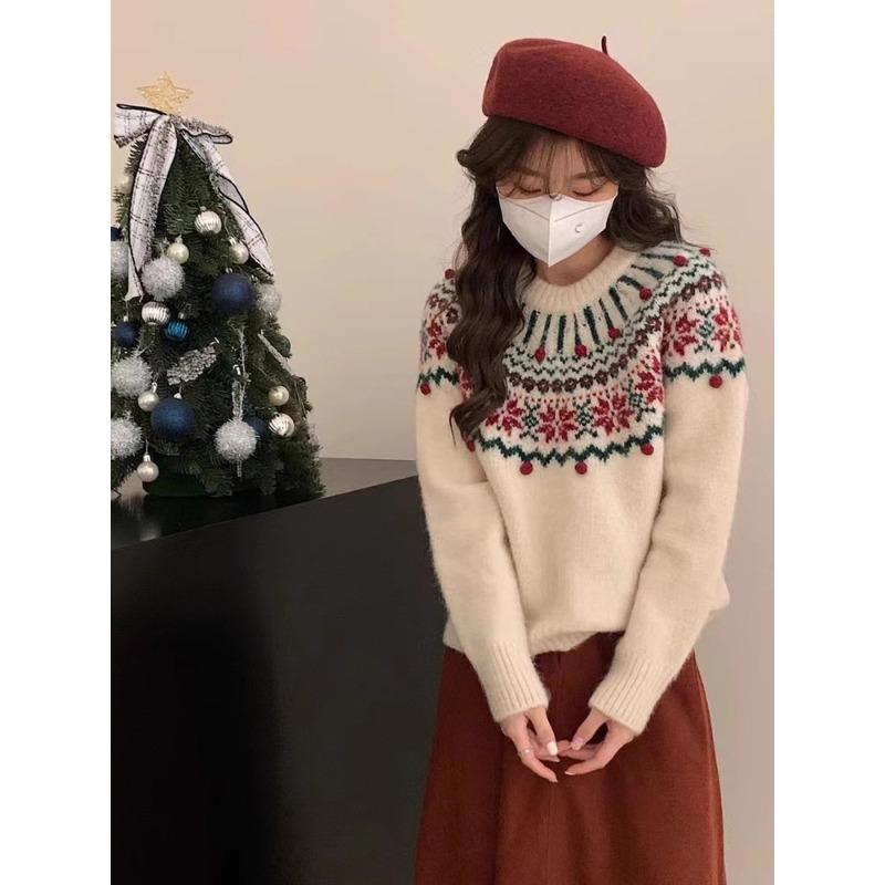 Christmas New Red Sweater Women's Spring Thickened Crew Neck Knitted Inside Fair Island Vintage Jacquard Top