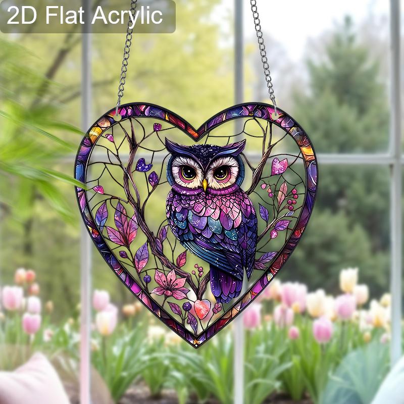 2D Flaches Herz Acryl Eule Fensterdeko, Buntglas-Effekt Hängendes Ornament für Zuhause, Schlafzimmer, Küche, Niedliches Geschenk für Freunde & Familie