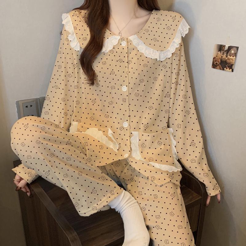 Pigiama in Cotone a Nuvole Pois - Set da Donna a Manica Lunga con Collo da Bambola per Primavera e Autunno