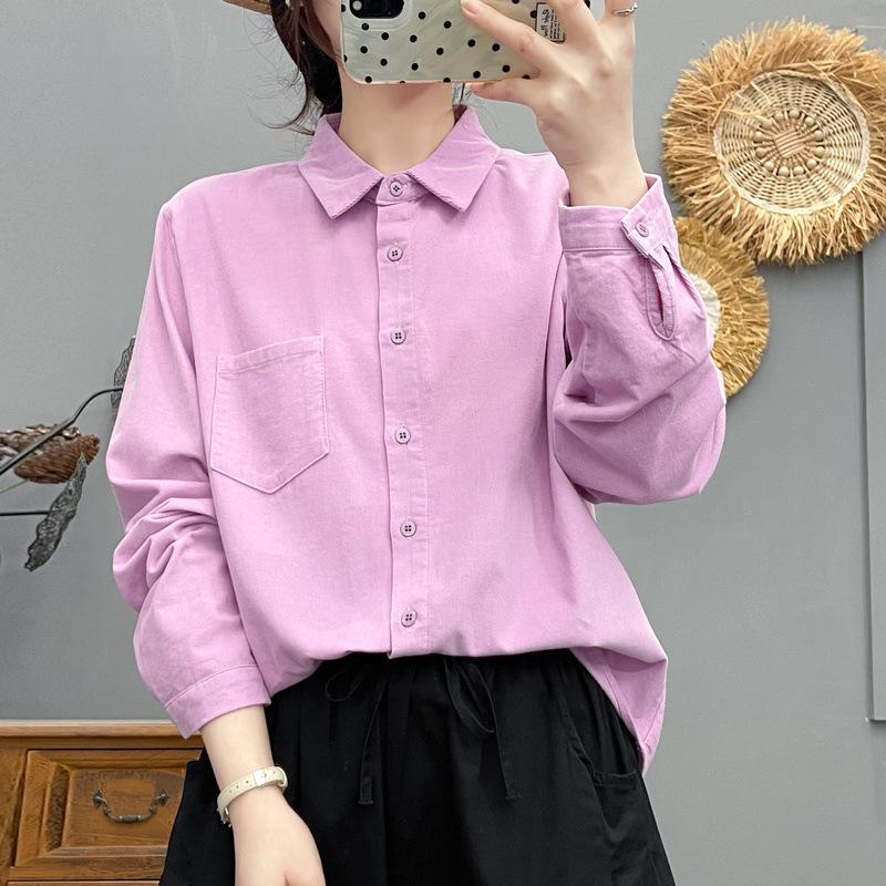 Spring 2026 Women's Corduroy Lapel Cardigan Blouse, Solid Color, Long Sleeve