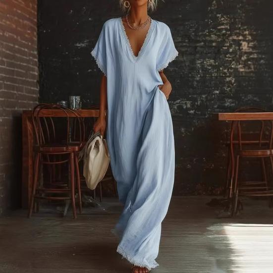 Damen V-Ausschnitt Maxikleid Sommer Baumwolle Leinen Fließend Strand Sonnenkleid Spitzenbesatz Lässig Locker Lang Kleid mit Taschen