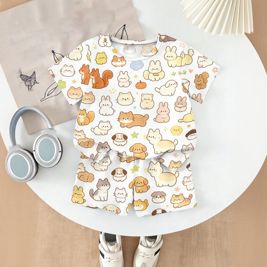 Kids Casual Two Piece Set Short Sleeve Top and Shorts Animal Pattern Lightweight Comfortable Summer Outfit for Boys and Girls