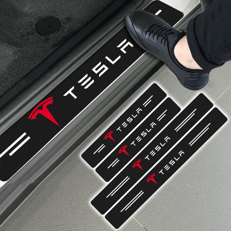 4Pcs Carbon Fiber Car Door Threshold Waterproof 3D Stickers For Tesla Model S Model X Model Y Cybertruck Model 3 Model Y