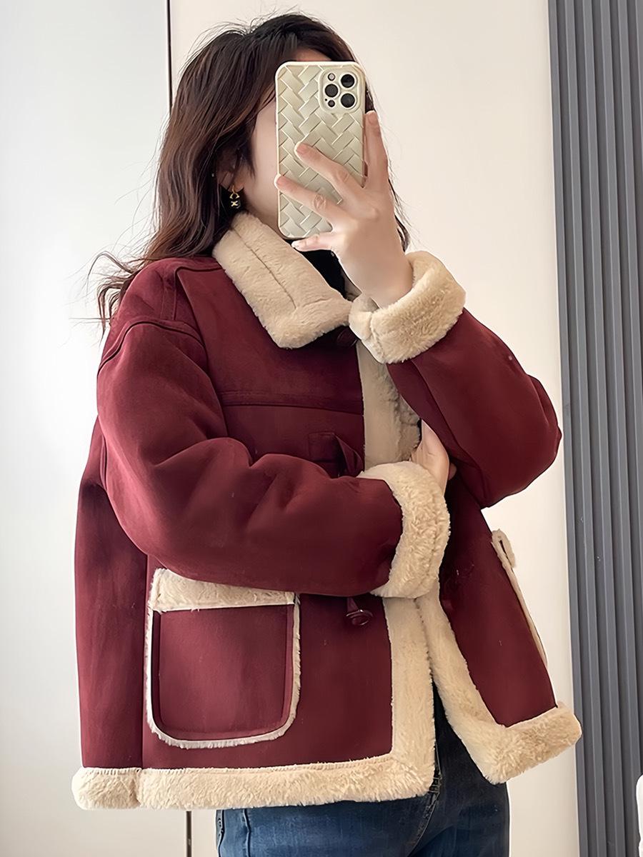 

Женская куртка из замши на овчине в европейском стиле 2024 года: Свободный, Плотный, Зимний Мотоциклетный Дизайн XL вино красного