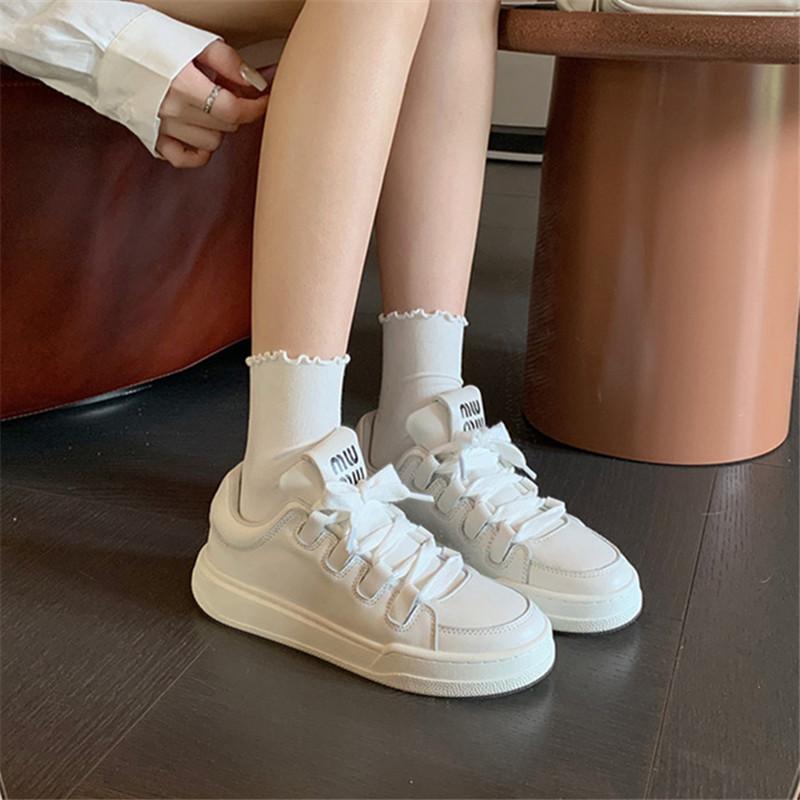 Leather Version Thick-soled Heightening Casual Sports Shoes Small White Shoes Women's Versatile Round Head Bread Shoes Lace-up Heightening Board Shoes