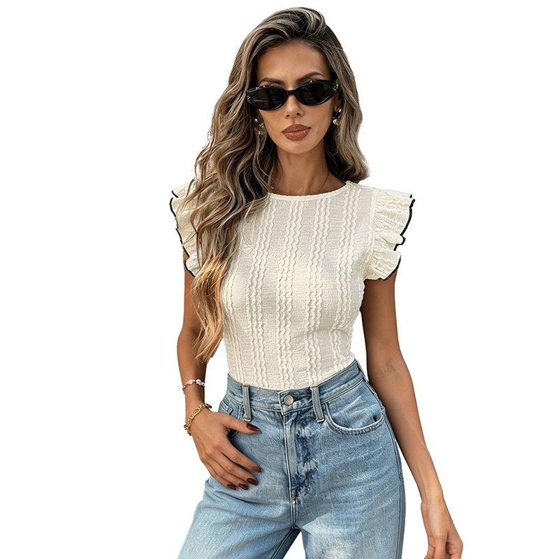 Women Casual Textured Backless Bow Tie Flying Sleeve Knit Short Sleeve T Shirt
