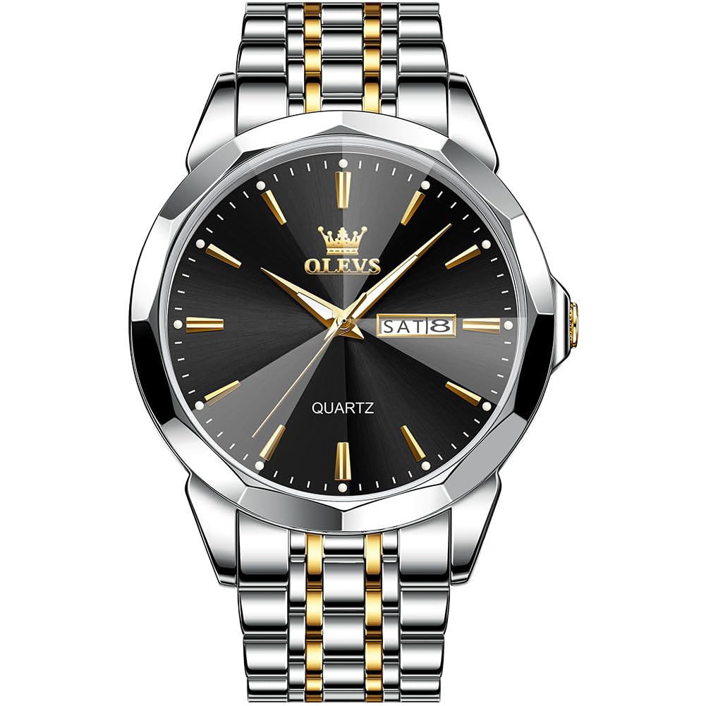 OLEVS mens watch diamond business dress analog quartz stainless steel waterproof luminous date two-tone luxury casual black One Piece