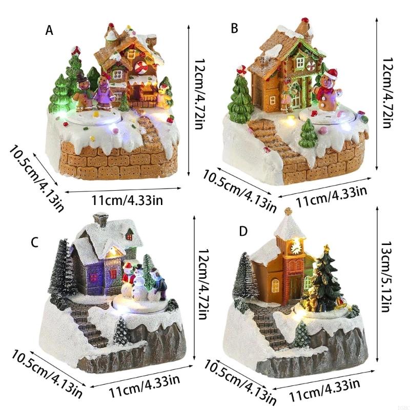 Resin Rotating Music Figurine Snow House Scene Ornament for Desktop Christmas Desktop Decoration with LED Light