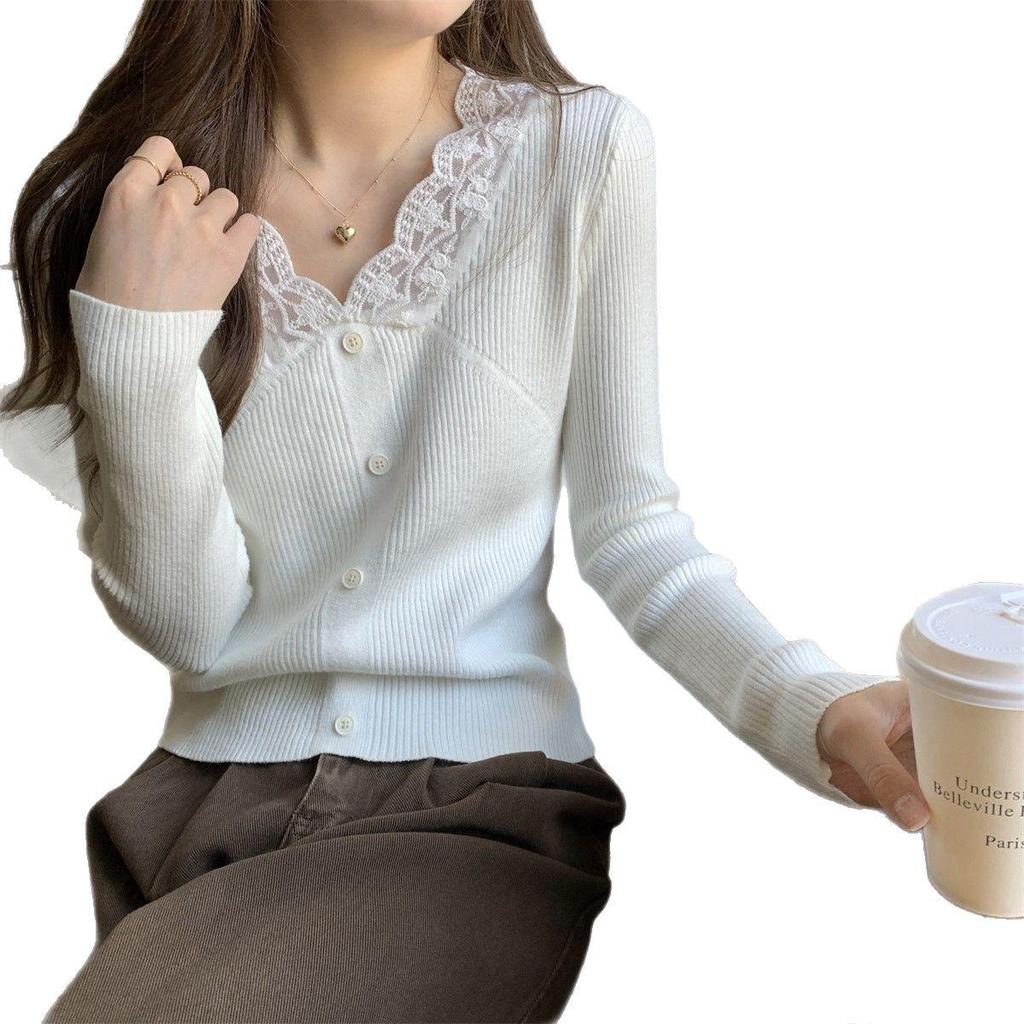 2025 Spring/Autumn Fashion Lace Patchwork Slim Fit Long Sleeve Knit Top